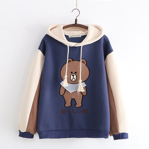 Harajuku Cartoon Bear Embroidery Hooded Sweatshirts