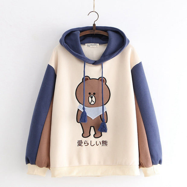Harajuku Cartoon Bear Embroidery Hooded Sweatshirts