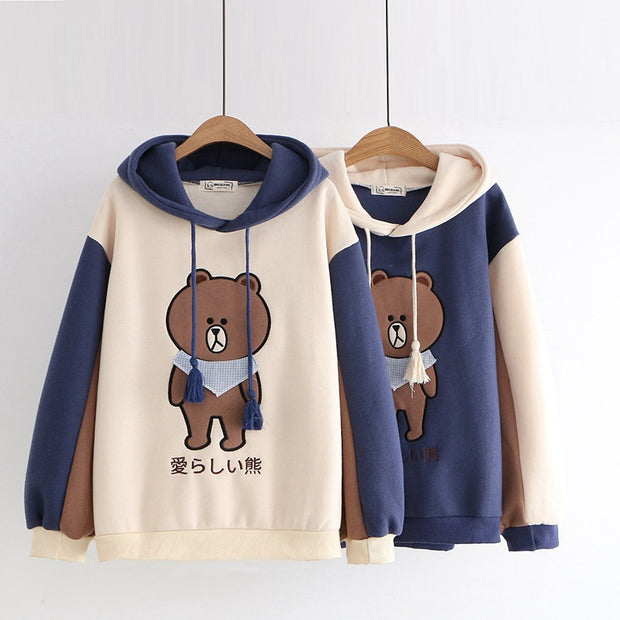 Harajuku Cartoon Bear Embroidery Hooded Sweatshirts