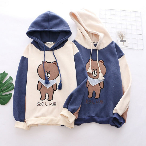 Harajuku Cartoon Bear Embroidery Hooded Sweatshirts